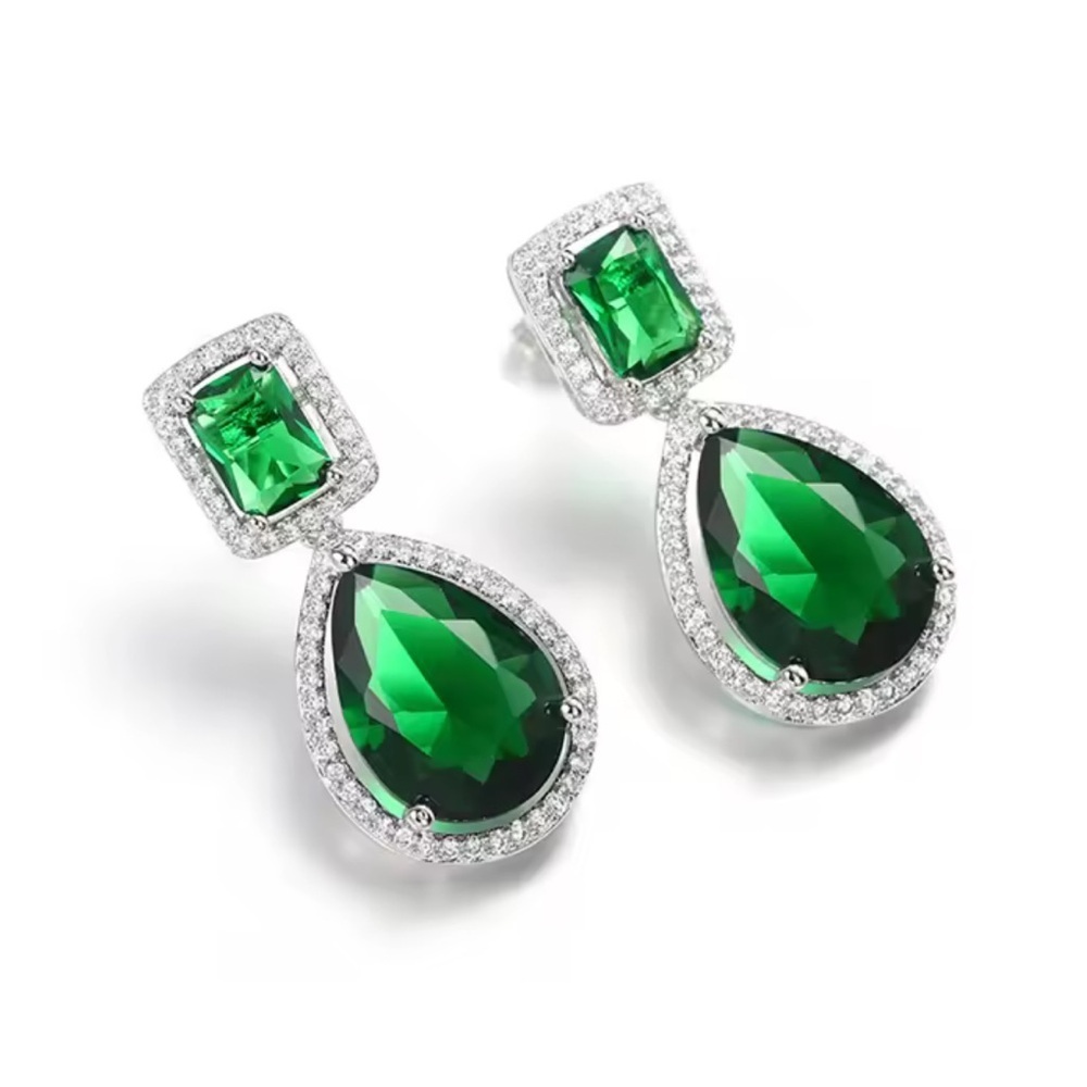 Diamond Emerald Green Teardrop Crystal Earrings – Luxury Silver Halo Design - Picture 6 of 6